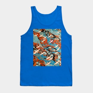 FLYING WHITE CRANES ON BLUE WATERS AND SPRING FLOWERS Red Teal Japanese Floral Tank Top